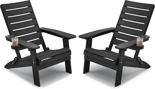 YEFU Adirondack Chair, Folding Adirondack Chairs Set of 2 with Arc Back & Cup Holder, Weather Resistant Plastic Oversized Chair for Outdoor Patio Lawn Garden Backyard Deck Fire Pit, Black