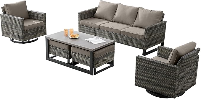 Wicker Outdoor Patio Furniture Set - 6 Piece Patio Conversation Set with 2 Swivel Rocker Chairs, 2 Rattan Ottoman - Photo 8