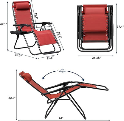 Greesum Zero Gravity Chairs Set of 2 Adjustable Steel Mesh Recliners Beach Deck Lawn Camping Patio Foldable Lounge Chair with Cup Holder Trays and Pillows,Red