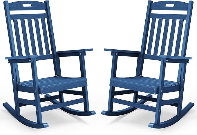 YEFU Porch Rocking Chairs Set of 2: Plastic Rocking Chairs for Outside, Weather Resistant for Patio, Waterproof, Rock smoothly, Navy Blue