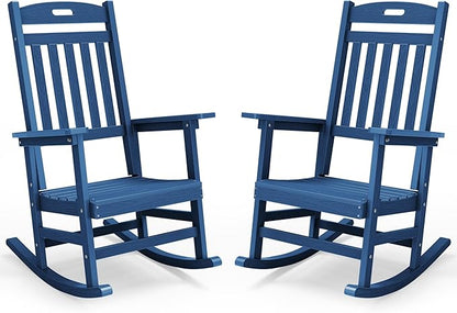 YEFU Porch Rocking Chairs Set of 2: Plastic Rocking Chairs for Outside, Weather Resistant for Patio, Waterproof, Rock smoothly, Navy Blue