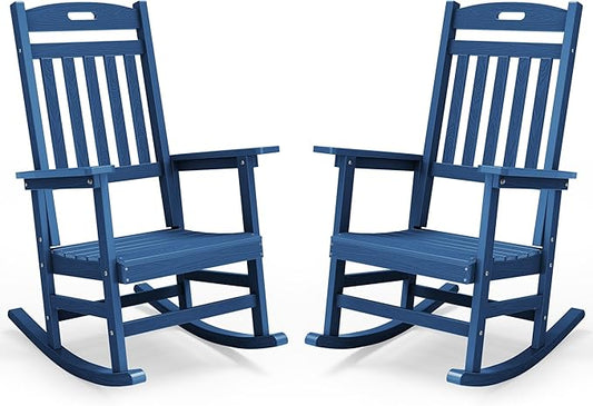 YEFU Porch Rocking Chairs Set of 2: Plastic Rocking Chairs for Outside, Weather Resistant for Patio, Waterproof, Rock smoothly, Navy Blue