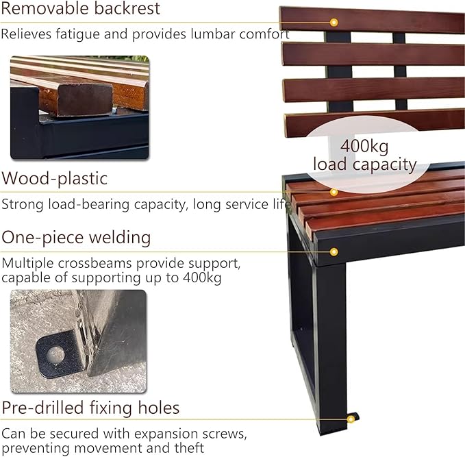 Metal Garden Bench, Outdoor Benches Weatherproof with Cast Iron Frame, Gym Shopping Mall Rest Row Chair for Porch, Patio, Lawn, Balcony, Backyard