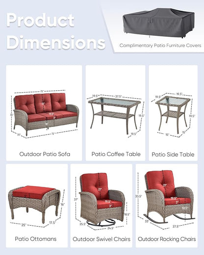 10-Piece Patio Furniture Set-Patio Rocking Chairs Set of 4 Outdoor Rattan Sofa Sets with Coffee Table Outdoor Patio Furniture Sets for Deck Porch Garden Balcony Poolside-Grey/Red