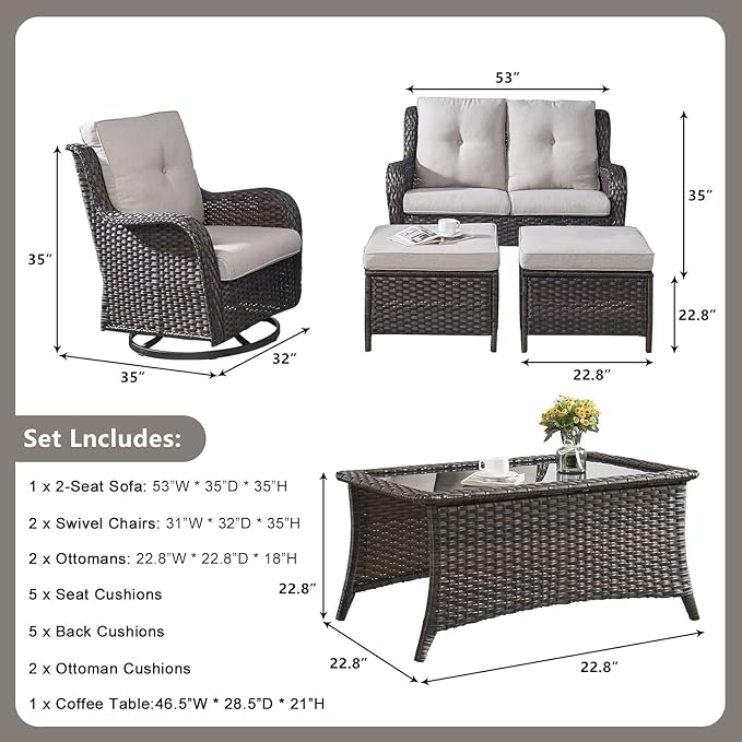 Rilyson Wicker Patio Furniture Set - 6 Piece Rattan Outdoor Sectional Conversation Sets with 2 Swivel Rocking Chairs - Photo 2