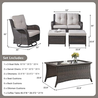 Rilyson Wicker Patio Furniture Set - 6 Piece Rattan Outdoor Sectional Conversation Sets with 2 Swivel Rocking Chairs,2 Ottomans,1 Loveseat and 1 Coffee Table for Porch Deck Garden(Brown/Beige)