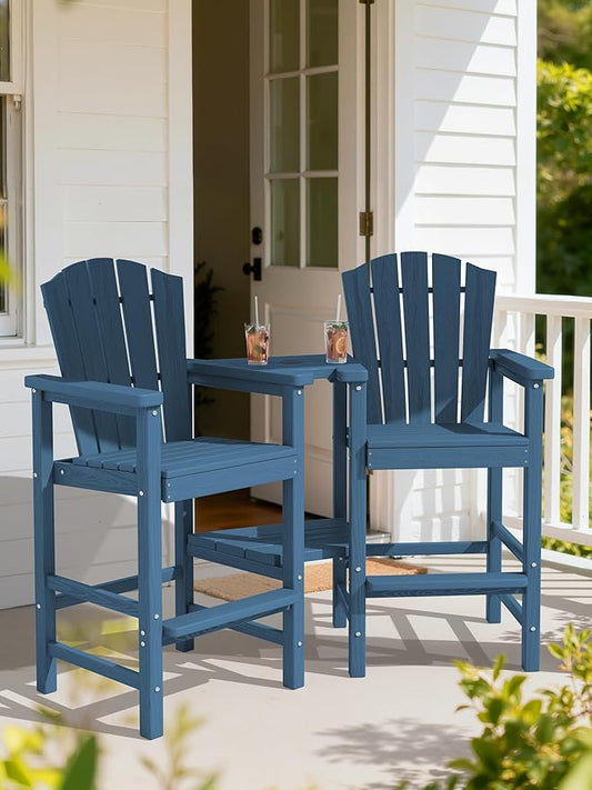 KINGYES Tall Adirondack Chair Set of 2 with 9FT Umbrella, All-Weather HDPE Outdoor Adirondack Barstools with Double Connecting Trays, Bar High Airondack Chair with Wood Grain, Balcony Chair, Blue
