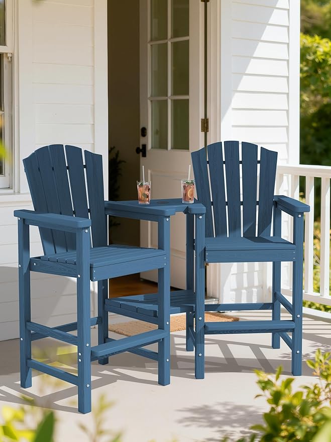 KINGYES Tall Adirondack Chair Set of 4 with 9FT Umbrella, Embossed Balcony Height Chair with Removable Double Connecting Trays, High Airondack Chair with Wood Grain, Deck, Lawn, Blue