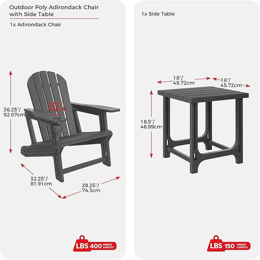Costaelm Cayman 2-Piece HDPE Plastic Adirondack Patio Chair Set with 18" Side Table, Gray