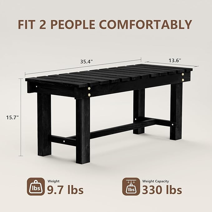 Nidouillet 35.5" Outdoor Garden Bench, Weatherproof Patio Benches 2-Person Seat Backless Wooden Porch Bench - Photo 2