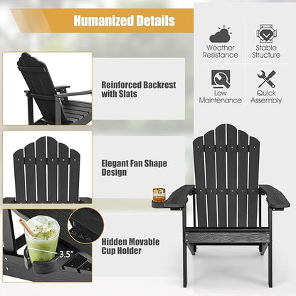 Giantex Outdoor Adirondack Chair - Oversized Patio Chairs w/Hidden Cup Holder, Realistic Wood Grain, 380 LBS Weight Capacity, Weather Resistant Firepit Chairs for Backyard, Garden (2, Black)