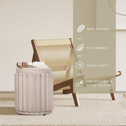 Afterglow Terrafab Material Outdoor Round Side Table, Natural Decorative Garden Stools, Unique End Table for Living Room Bedroom Patio Home Decor,Off-White
