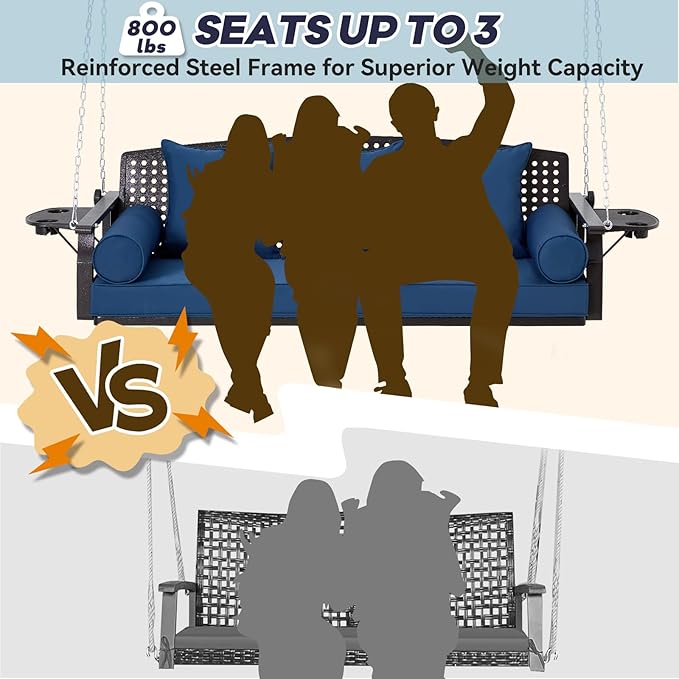 3 Seat Porch Swing, Patio Swing Bench with Cup Holders & 3 Back Cushions - Photo 3
