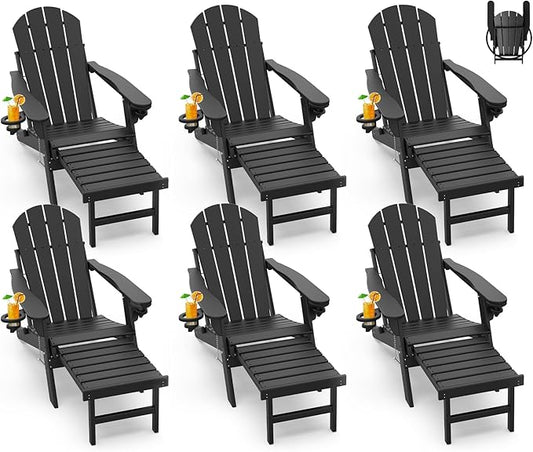 GREENVINES Adirondack-Chairs-with-Ottoman | Set of 6 | Folding | Retractable-Footrest | HDPE Plastic | All Weather Fire Pit Chair | Cup Holders | Black | for Outdoor Poolside