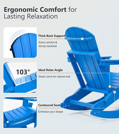 PASAMIC Adirondack Rocking Chairs Set of 2, Foldable All-Weather HDPE Patio Rockers with Retractable Ottoman & Cup Holder, Outdoor Chairs for Porch Backyard Pool Garden Balcony, Blue