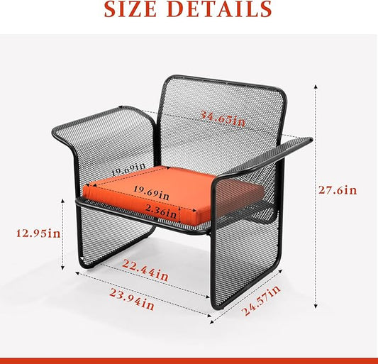 LOKKHAN Modern Outdoor Loveseat Mesh Bench Black Metal Frame with Orange Water-Resistant Cushion, 27.6H x 24.6W x 23.9D Inches, Contemporary Minimalist Patio Lounge Chair, Single Seat