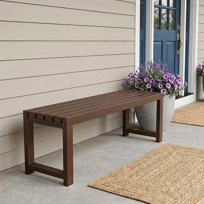 Backless Patio Bench Outdoor Metal Bench, 3.3ft 3.9ft 4.9ft 5.9ft Weatherproof Garden Benches 2-Person Outside Chair for Yard Porch Entryway Sturdy Steel Frame Furniture(Coffee,3.93ft)