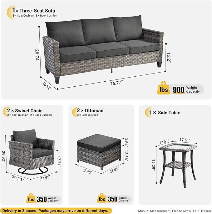 ovios Patio Furniture Set, 6 Pieces Outdoor Wicker Sofa Couch with Swivel Rocking Chairs Ottomans Comfy Cushions Rattan - Photo 7