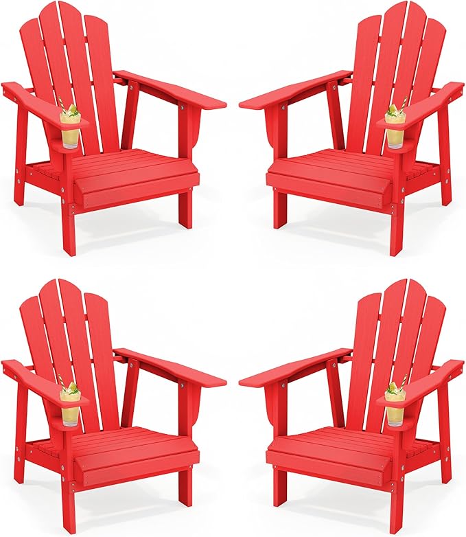 PROHIKER Adirondack Chair with Cup Holder, Plastic Patio Chair, All Weather Outdoor Chairs for Fire Pit Lawn Garden Porch Backyard (Red, 4 Pack)