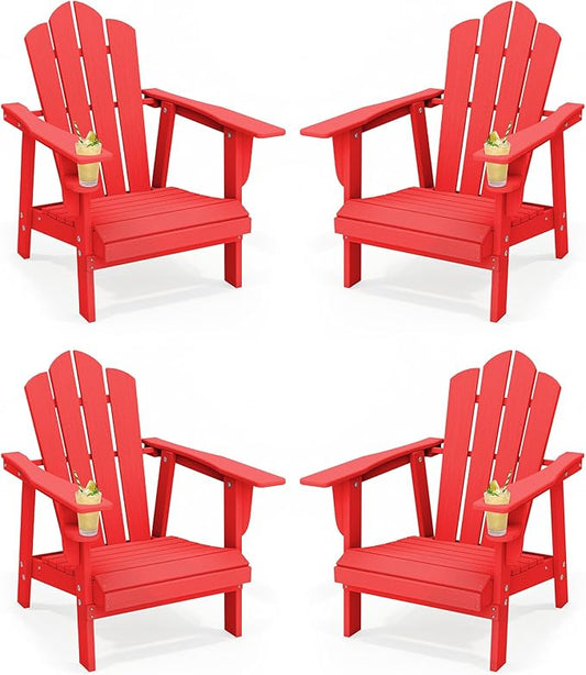 PROHIKER Adirondack Chair with Cup Holder, Plastic Patio Chair, All Weather Outdoor Chairs for Fire Pit Lawn Garden Porch Backyard (Red, 4 Pack)