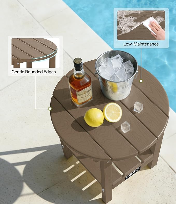 Outdoor Side Table Round - Patio Side Tables - HDPE Small Outdoor End Table for Backyard Pool Porch Balcony - Double Layer Storage - Light Brown (Wood Grain Finish)