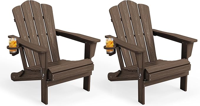 KINGYES Folding Adirondack Chair Set of 2, HDPE All-Weather Patio Chairs with Cup Holder, Wooden Textured Fire Pit Chairs for Poolside, Backyard, Deck, Coffee