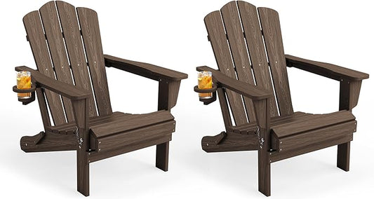 KINGYES Folding Adirondack Chair Set of 2, HDPE All-Weather Patio Chairs with Cup Holder, Wooden Textured Fire Pit Chairs for Poolside, Backyard, Deck, Coffee