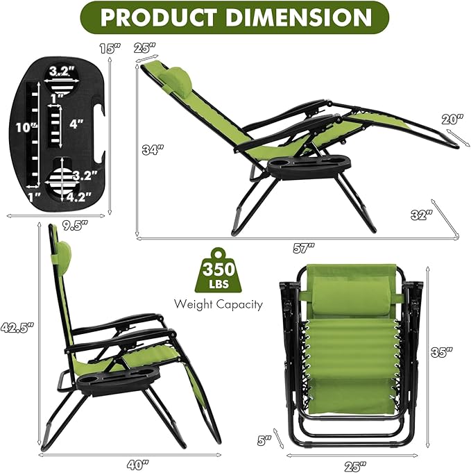 Giantex Zero Gravity Reclining Chair, Outdoor Patio Recliner with Cup Holder & Removable Pillow, Adjustable Backrest, Indoor Lounge Chair for Backyard, Garden, Poolside (Green)