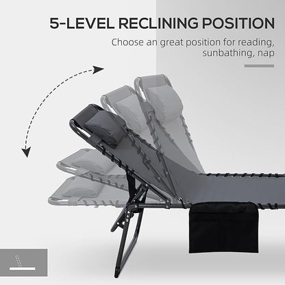 Outsunny 2 Piece Folding Chaise Lounge with 5-Level Reclining Back, Tanning Chair with Face Hole, Outdoor Lounge Chair with Side Pocket & Headrest for Beach, Yard, Patio, Gray