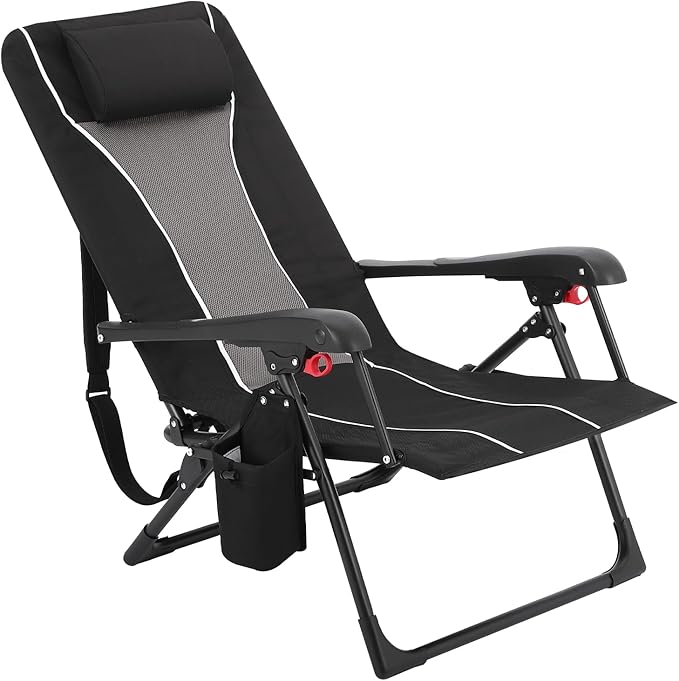 Folding Chaise Lounge Chair for Outdoor – Portable Backpack Reclining Camping Chair with Adjustable Backrest, Pillow & Breathable Fabric, Heavy-Duty 330lbs Capacity, Sun Lounger for Beach Patio Garden