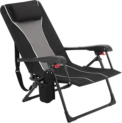 Folding Chaise Lounge Chair for Outdoor – Portable Backpack Reclining Camping Chair with Adjustable Backrest, Pillow & Breathable Fabric, Heavy-Duty 330lbs Capacity, Sun Lounger for Beach Patio Garden