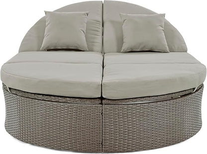 Outdoor Sun Bed Patio 2-Person Daybed with Cushions and Pillows, Rattan Garden Double Reclining Chaise Lounge with Adjustable Backrests and Foldable Cup Trays for Lawn, Poolside (Grey-3.9)