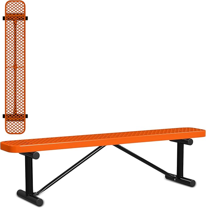 Leisure Craft Metal Outdoor Bench - 6 Foot Heavy Duty Backless Bench Seating for Garden, Porch, Picnic, Park, Expanded Metal, Thermoplastic Coating, Commercial Grade Furniture Made in USA - Orange