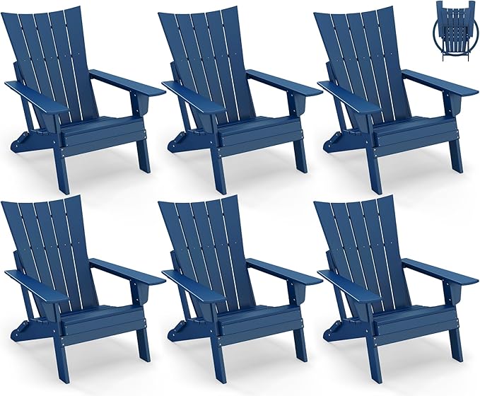 GREENVINES Folding-Adirondack-Chairs-Set-of-6 | HDPE Plastic | Arch Series | Fire Pit Chair | All Weather | for Outdoor Patio Deck Backyard Poolside | Blue
