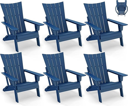 GREENVINES Folding-Adirondack-Chairs-Set-of-6 | HDPE Plastic | Arch Series | Fire Pit Chair | All Weather | for Outdoor Patio Deck Backyard Poolside | Blue