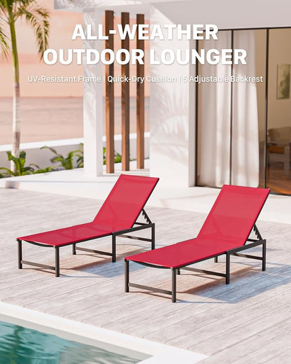 Chaise Lounge Chair Outdoor,Aluminum Patio Lounge Chairs Set of 2,Pool Lounge Chairs with 5 Adjustable Backrest and Headrest Pillows for Outside Beach，Red