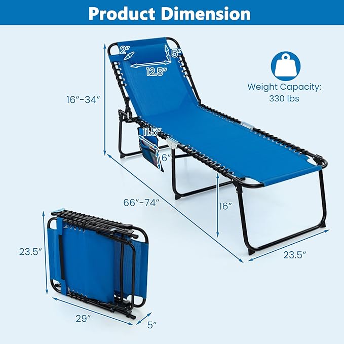Giantex Patio Lounge Chairs for Outside - Set of 2 Folding Tanning Chair w/Headrest, 4 Adjustable Positions, Side Pocket, Outdoor Chaise Lounge for Camping, Pool, Sunbathing Beach Chair, Navy