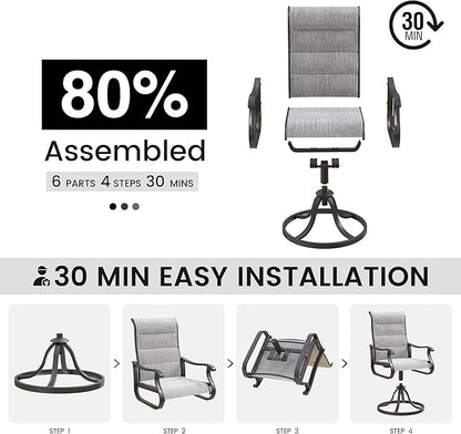 Patio Swivel Chairs Set of 4, Outdoor Dining Chairs with High Back, All-Weather Swivel Rocker Chair for Lawn, Porch or Garden (Padded Grey)