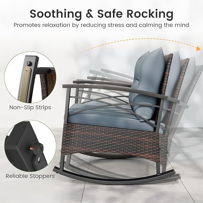ORALNER 3-Piece Wicker Rocking Chair Set, Outdoor Cushioned Rocker and Acacia Wood Side Table, 400lbs Capacity, PE Rattan Patio Conversation Bistro Set for Porch, Garden, Deck, Poolside, Yard (Gray)
