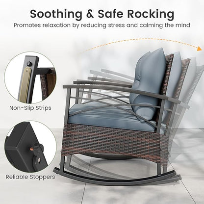 ORALNER 3-Piece Wicker Rocking Chair Set, Outdoor Cushioned Rocker and Acacia Wood Side Table, 400lbs Capacity, PE Rattan Patio Conversation Bistro Set for Porch, Garden, Deck, Poolside, Yard (Gray)
