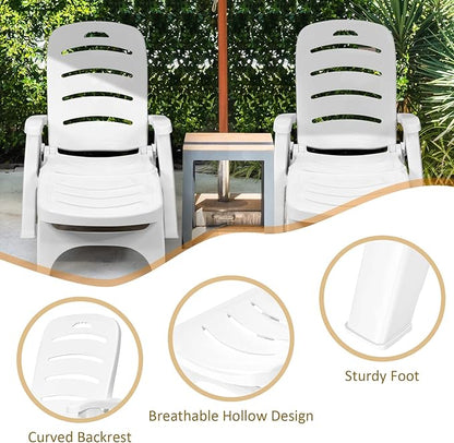 Moccha Plastic Chaise Lounge Chair - Folding Pool Lounger w/ 2 Rolling Wheels, Armrest, 5-Adjustable Position, Foldable Outdoor Lounger for Garden Sunbathing Beach Chairs for Adults (2, White)