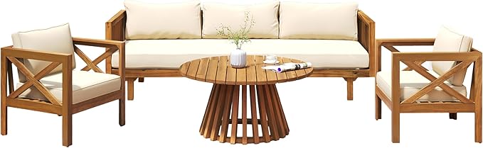 Merax Outdoor 4-Piece Acacia Wood Conversation Set - Patio 3-Seat Loveseat Sofa w/Coushion - Photo 3
