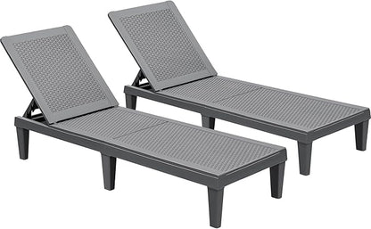 GUNJI Lounge Chairs for Outside Patio Waterproof Resin Chaise Lounge Outdoor Adjustable Lounge Chairs Set of 2 Pool Chairs Sun Loungers for Deck, Poolside and Beach (Gray)