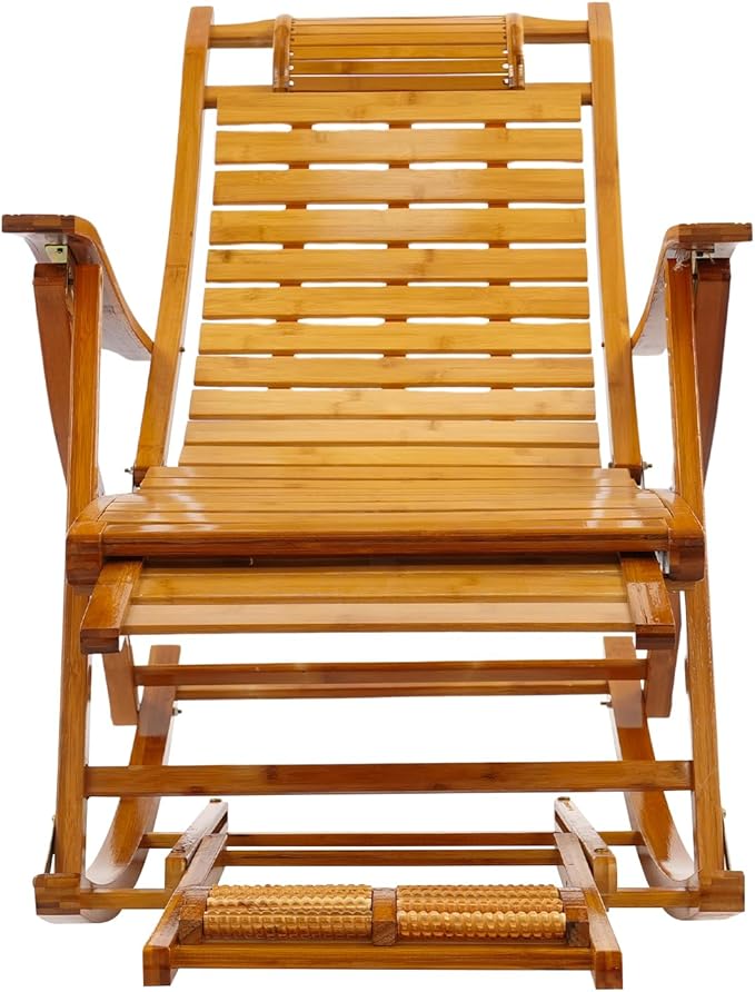 Folding Bamboo Rocking Chair, Adjustable Back Patio Reclining Chair with Headrest Pillow - Photo 5