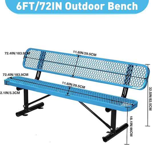 Heavy Duty Metal Park Bench for Outside, Outdoor Garden Benches with Backrest & Portable Frame, Expanded Metal Mesh Bench for Shopping Malls, Lawn, Park, Deck, Patio, Porch (Blue, 6FT/72INCH)