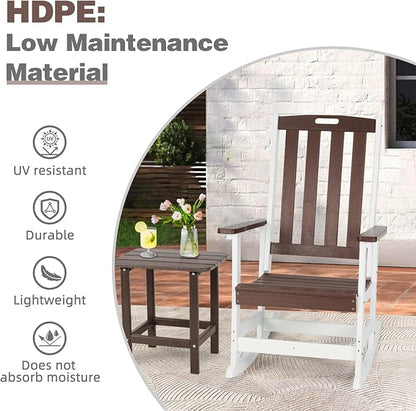 Aoodor Outdoor Rocking Chair, Ergonomic HDPE Rockers with All-Weather Design for Patio or Porch, Clashing Colors, Brown and White,Set of 4
