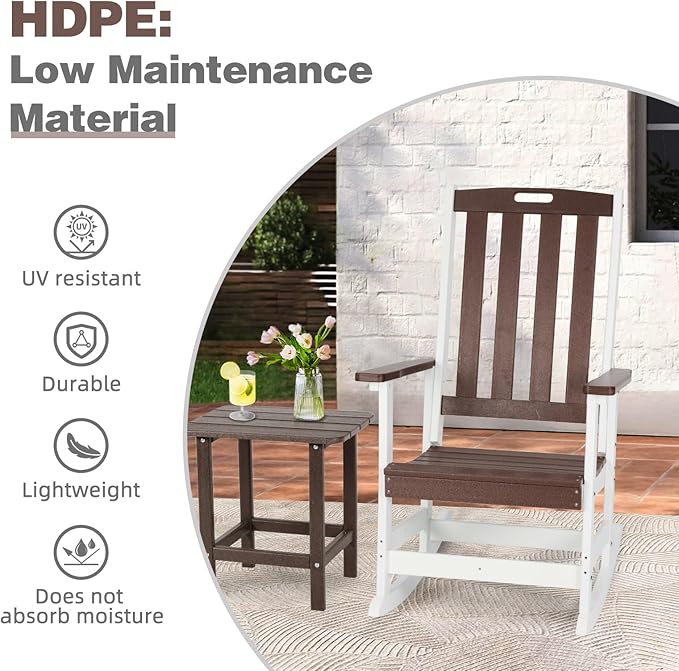 Aoodor Outdoor Rocking Chair, Ergonomic HDPE Rockers with All-Weather Design for Patio or Porch, Clashing Colors, Brown and White