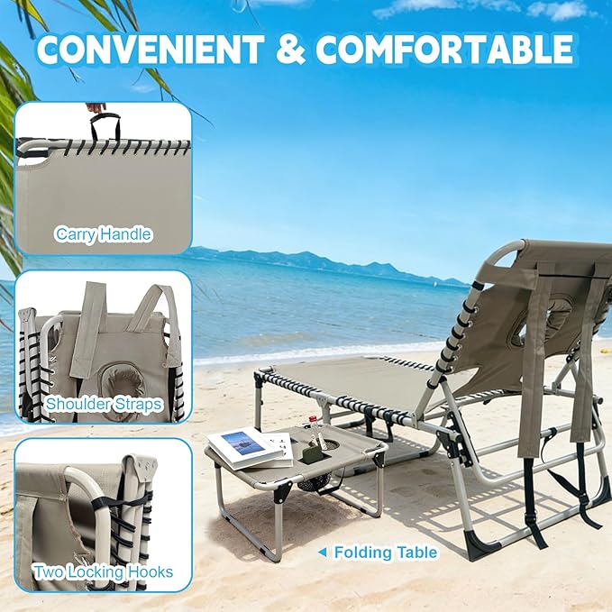 Backpack Sun Tanning Chair with Face Hole & Beach Table, 5-Position Adjustable Folding Lounge Chair Outdoor for Lawn Patio Garden