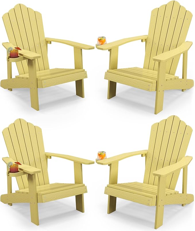 Tangkula Oversized Adirondack Chair, Patio Lounge Chairs w/Adjustable Cup Holder, HIPS Armchairs Slatted Chair, Outdoor Weather Resistant Fire Pit Chair for Deck Backyard Garden Porch (4, Yellow)