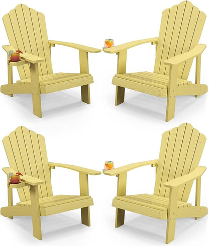 Tangkula Oversized Adirondack Chair, Patio Lounge Chairs w/Adjustable Cup Holder, HIPS Armchairs Slatted Chair, Outdoor Weather Resistant Fire Pit Chair for Deck Backyard Garden Porch (4, Yellow)